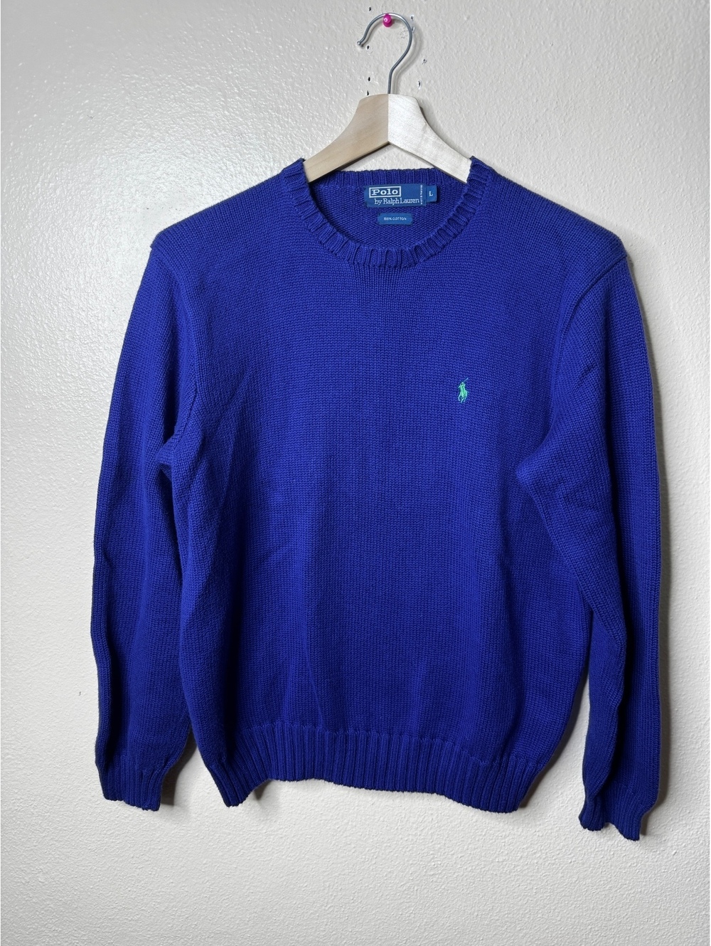 Polo Ralph Lauren Men’s 100% Cotton Crewneck Sweater Blue Size Large Green Pony